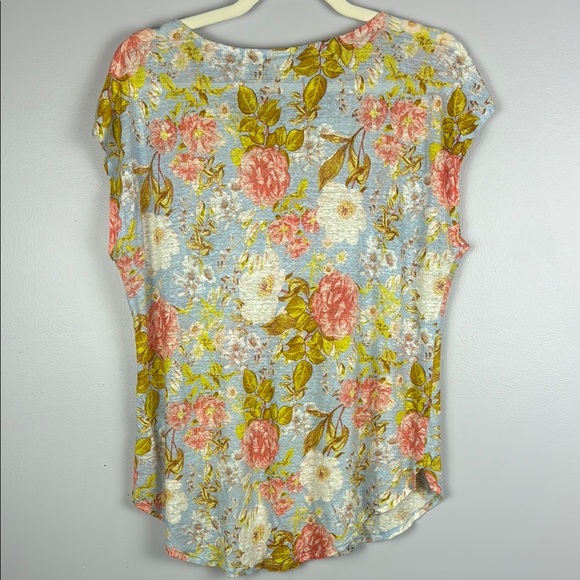 Joie 100% Linen Pink White and Blue Cap Sleeve Floral T-Shirt Size Large - Picture 8 of 8